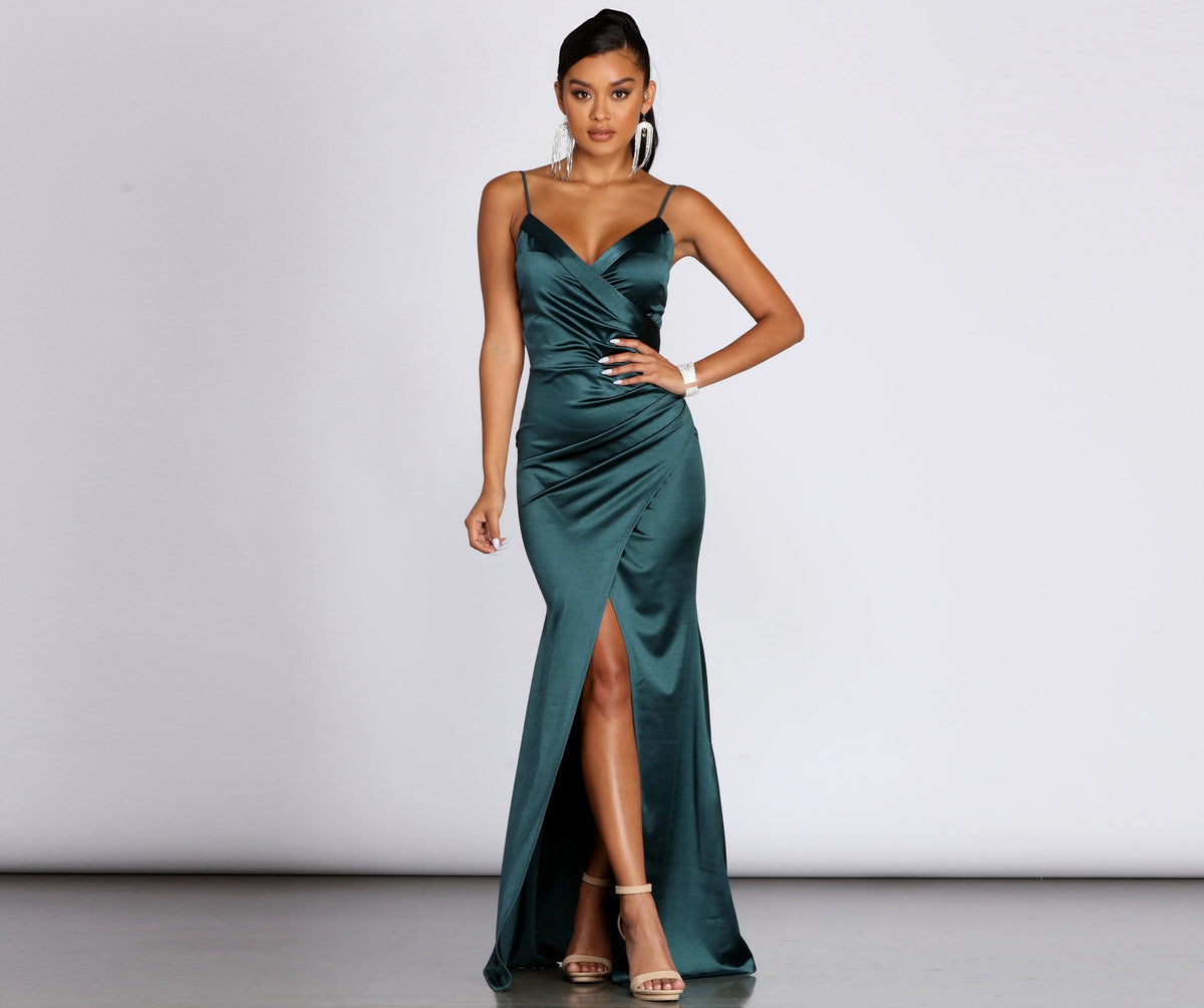 Karen Satin Wrap Formal Gown