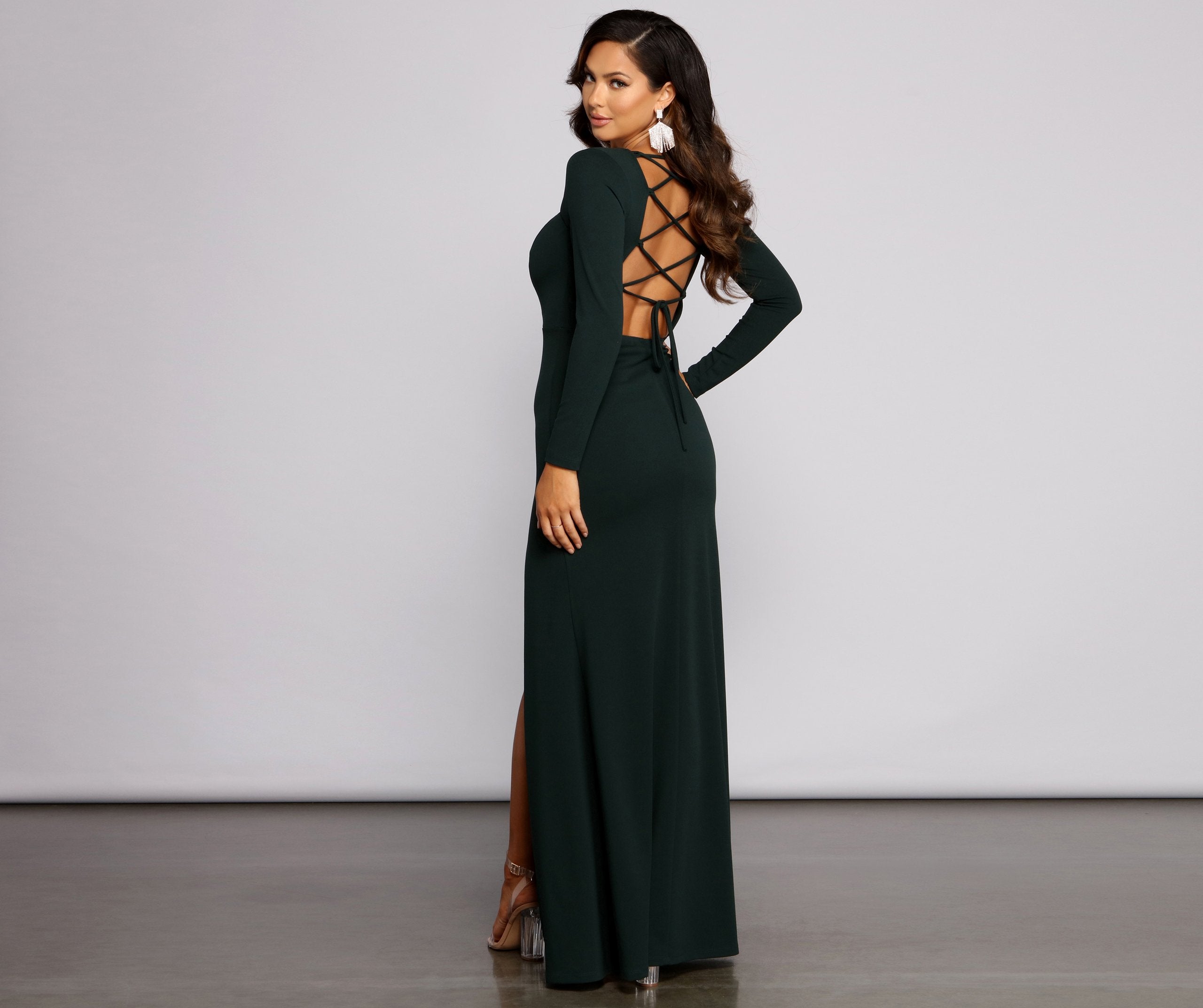 Kayla Long Sleeve Lace-Up Back Formal Dress