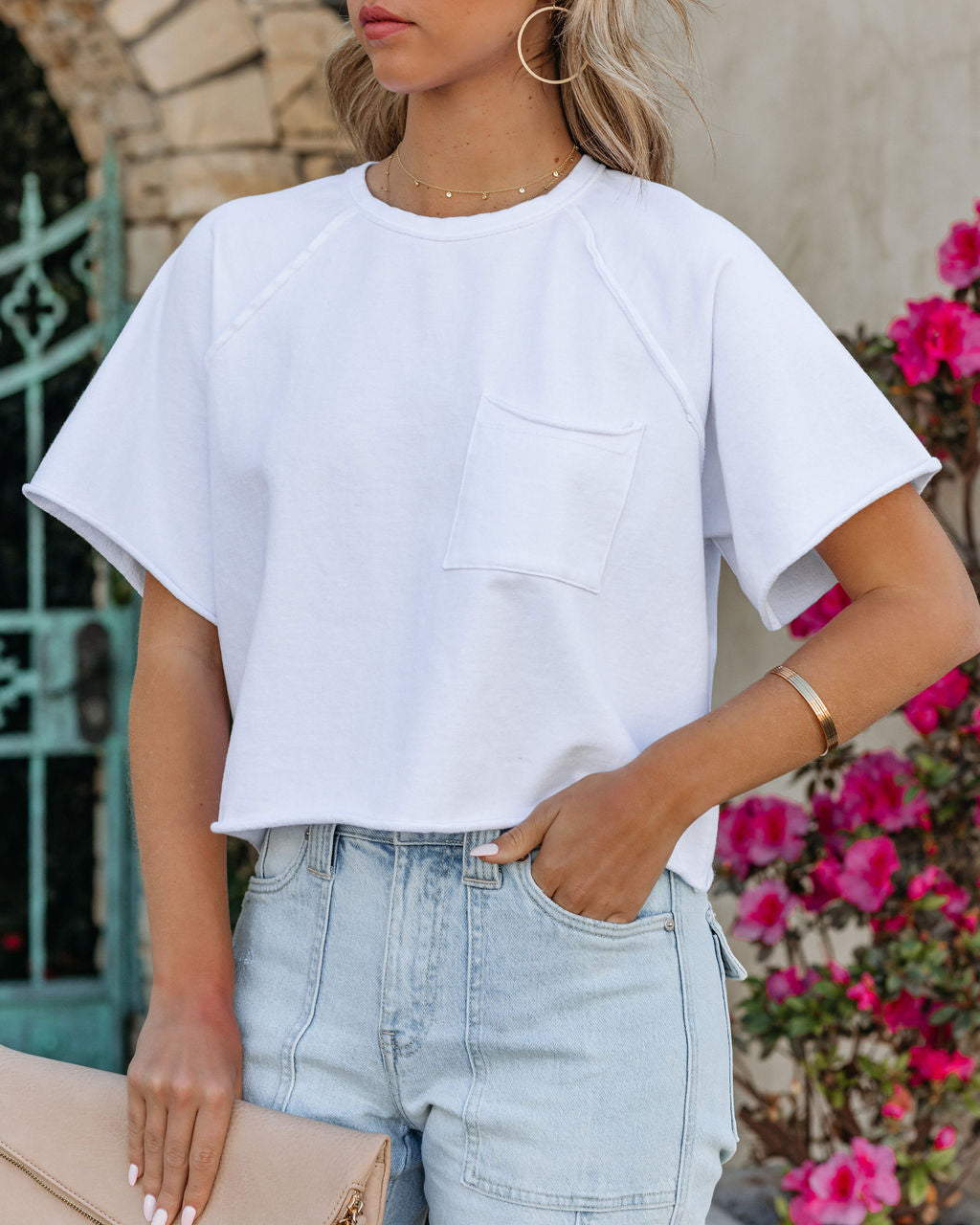 Kaylor Cropped Mineral Wash Pocket Tee - Off White