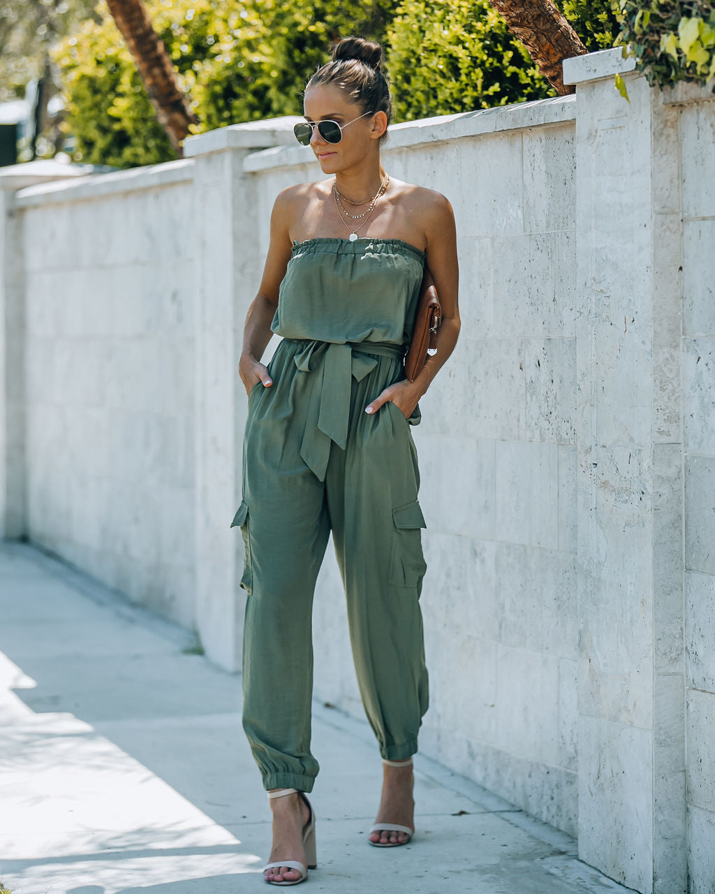 Kelly Strapless Pocketed Utility Jumpsuit - Olive