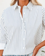 Kendall Cotton Striped Button Down Top - White Navy