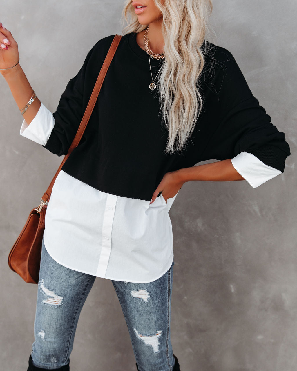 Kiersten Cotton Contrast Poplin Knit Top - Black