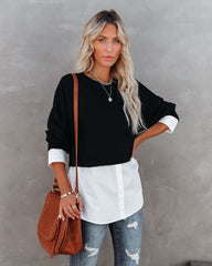 Kiersten Cotton Contrast Poplin Knit Top - Black