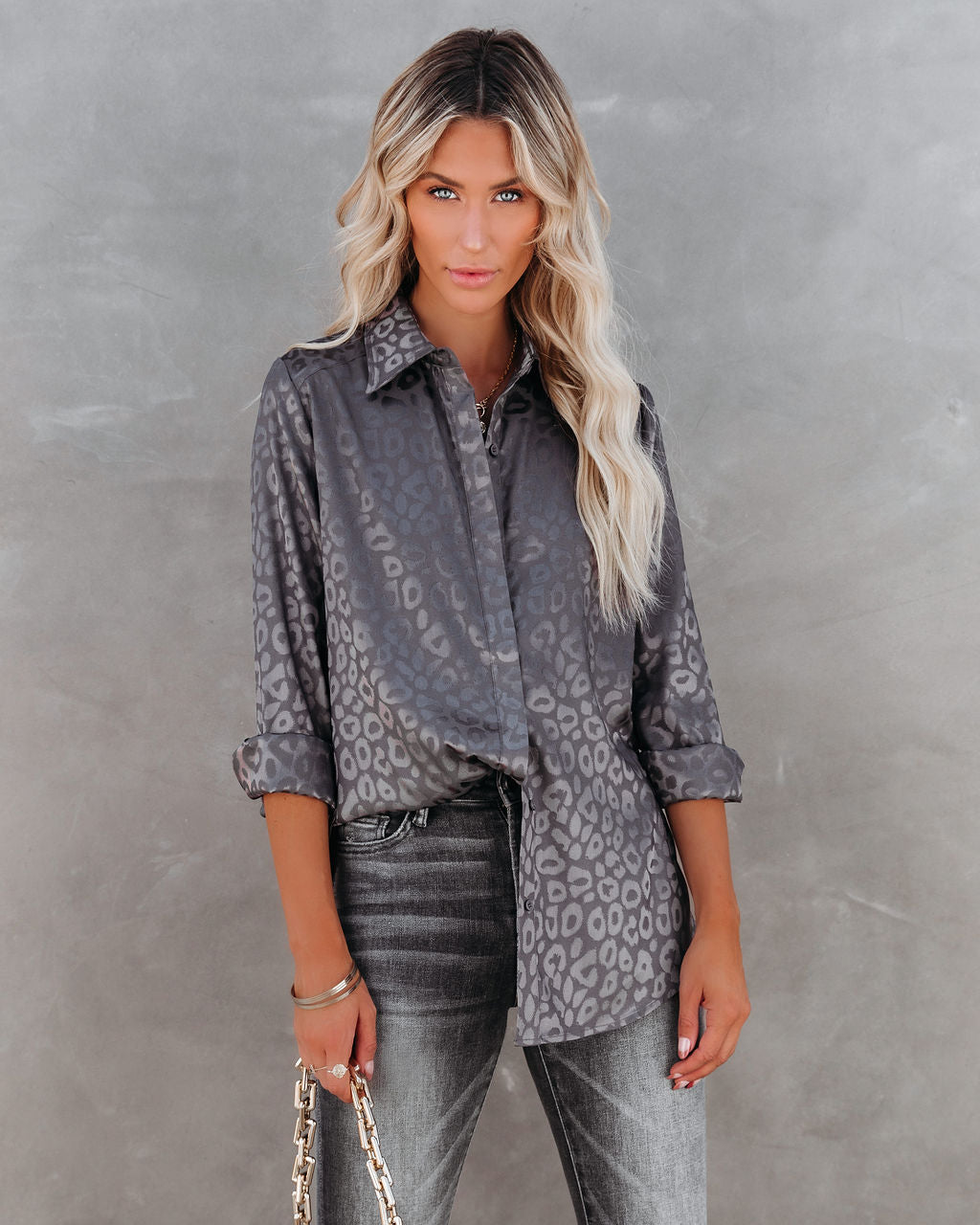 Kingdom Satin Embossed Button Down Blouse - Charcoal