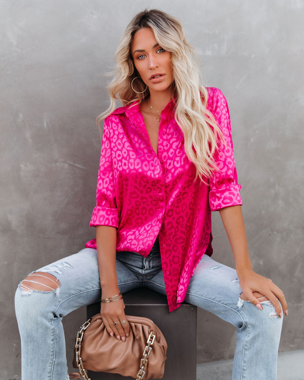 Kingdom Satin Embossed Button Down Blouse - Magenta