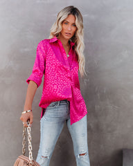 Kingdom Satin Embossed Button Down Blouse - Magenta