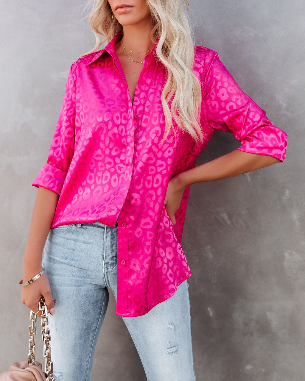 Kingdom Satin Embossed Button Down Blouse - Magenta