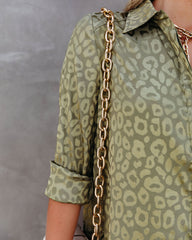 Kingdom Satin Embossed Button Down Blouse - Moss