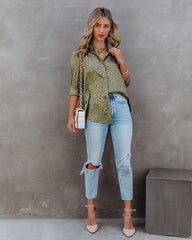 Kingdom Satin Embossed Button Down Blouse - Moss