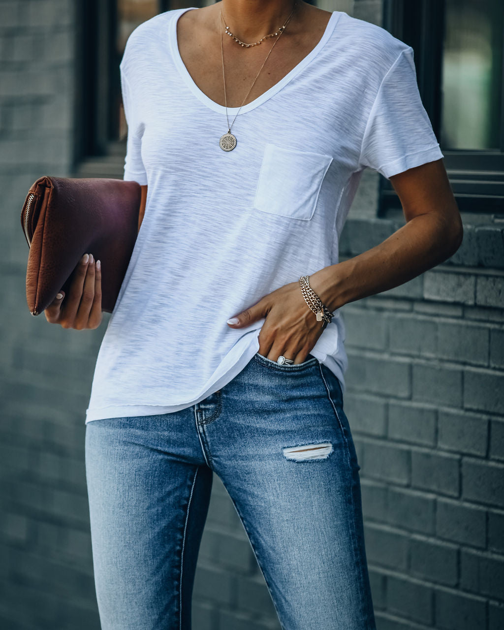 Kinsley V-Neck Pocket Tee - White