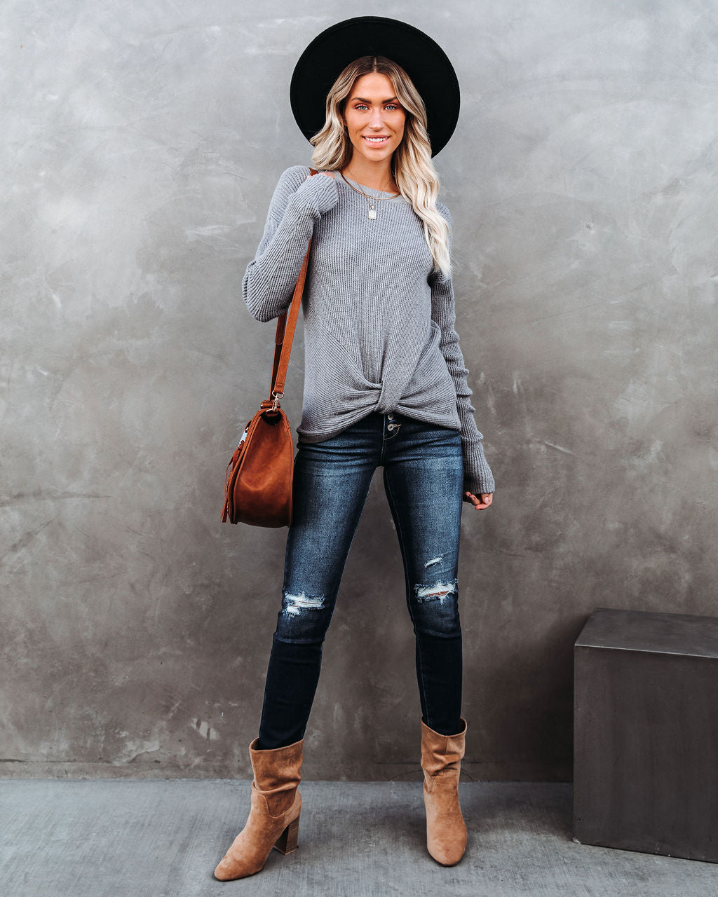 Knot Your Girlfriend Thermal Knit Top - Heather Grey