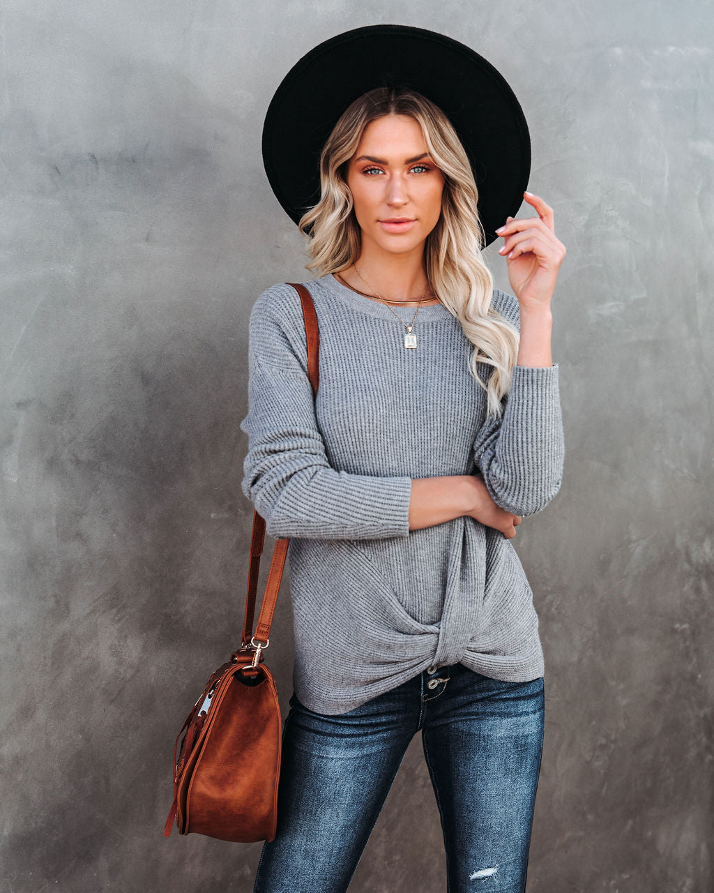 Knot Your Girlfriend Thermal Knit Top - Heather Grey