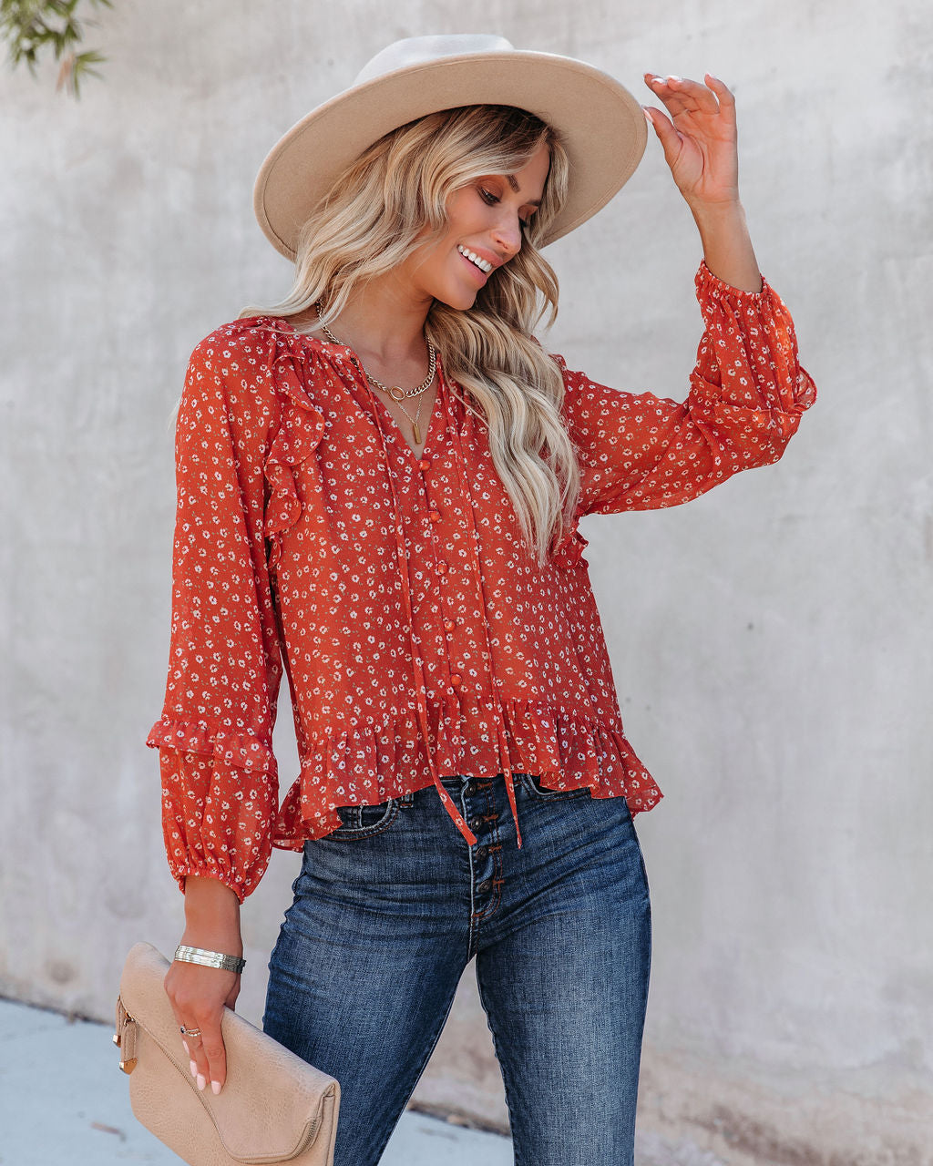 Krishan Floral Ruffle Button Down Blouse