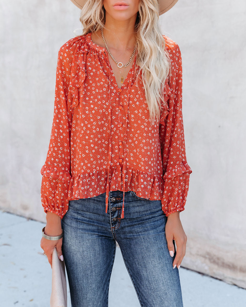 Krishan Floral Ruffle Button Down Blouse