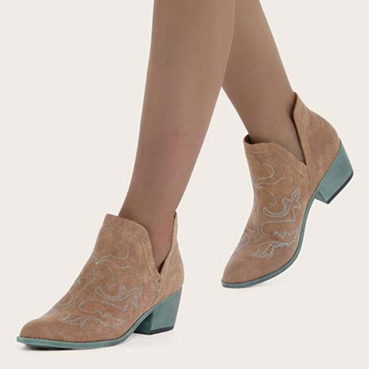 Embroidered V Cutout Western Ankle Boots Chunky Heel Booties