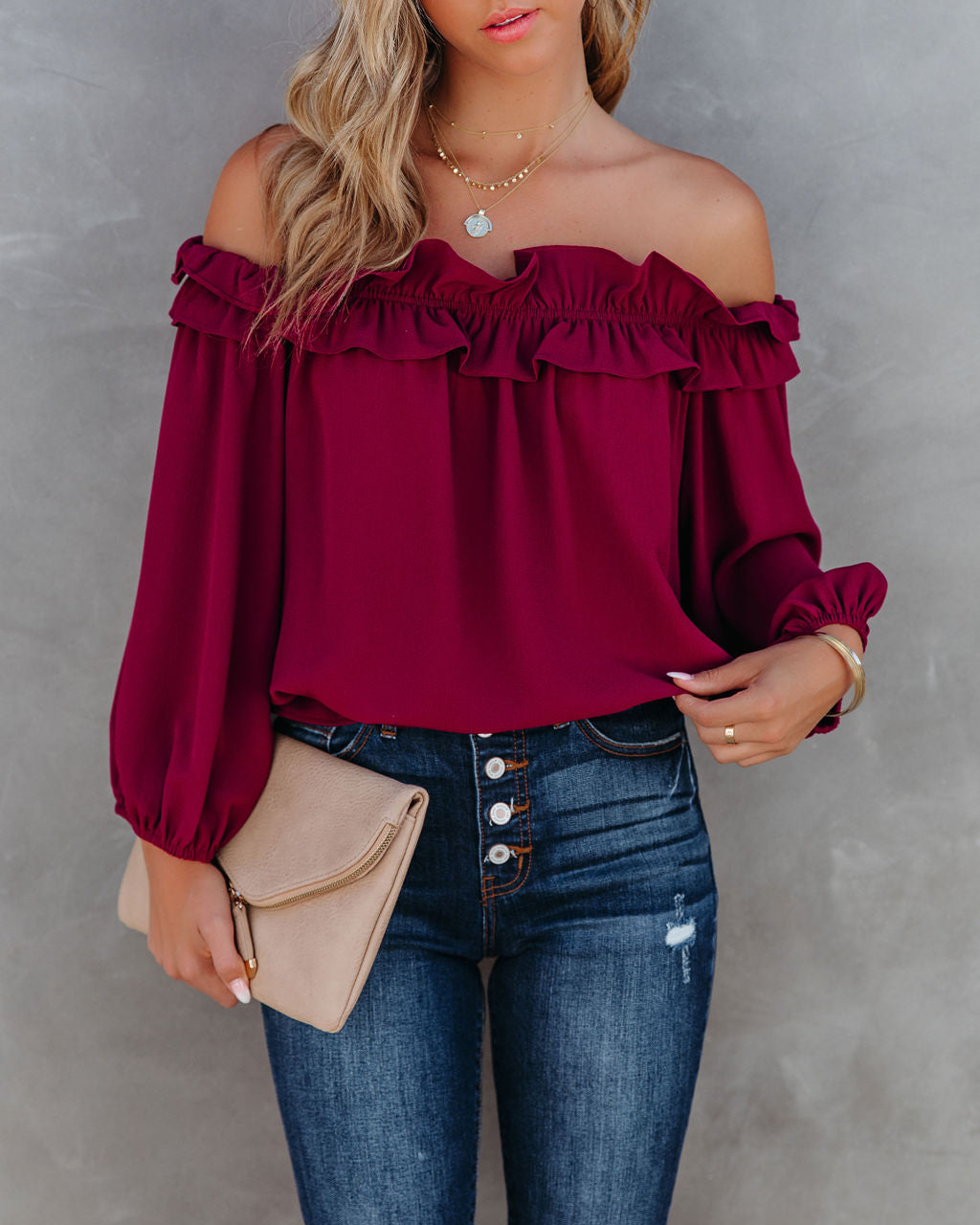 Lalette Off The Shoulder Ruffle Blouse - Wine