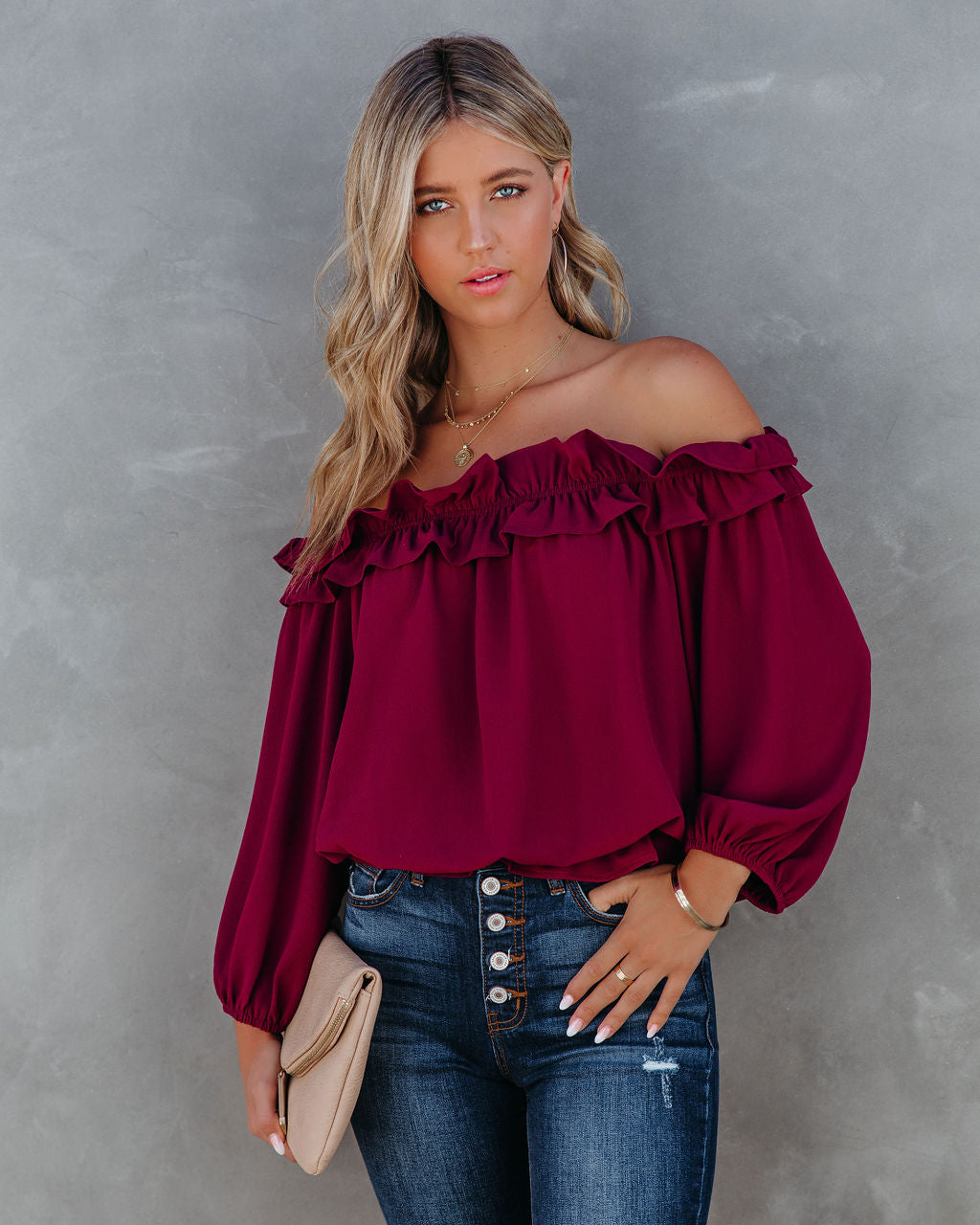 Lalette Off The Shoulder Ruffle Blouse - Wine