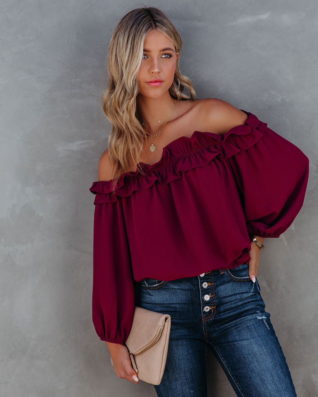 Lalette Off The Shoulder Ruffle Blouse - Wine