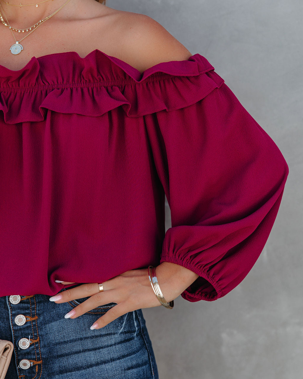 Lalette Off The Shoulder Ruffle Blouse - Wine