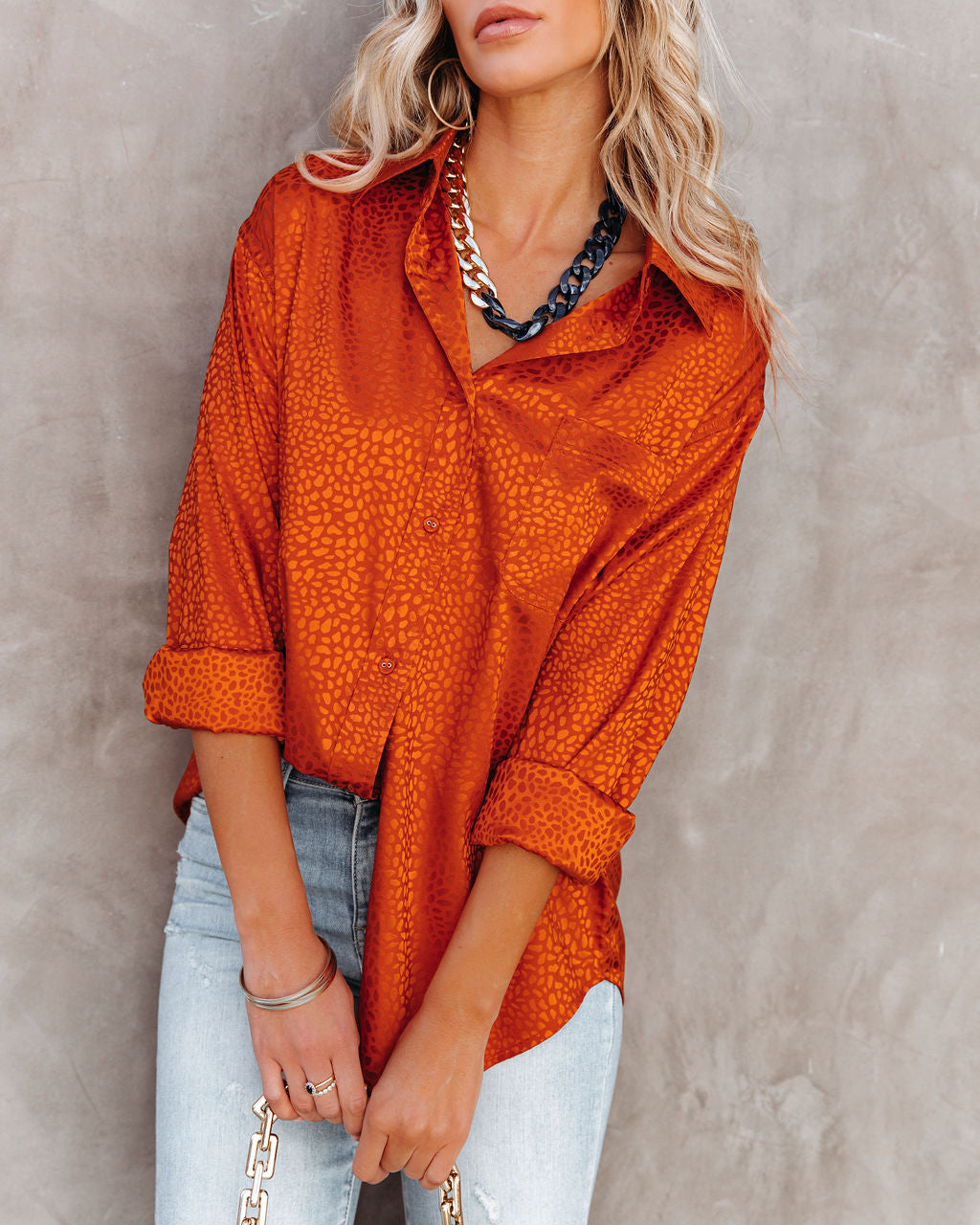 Layton Satin Embossed Button Down Blouse - Rust