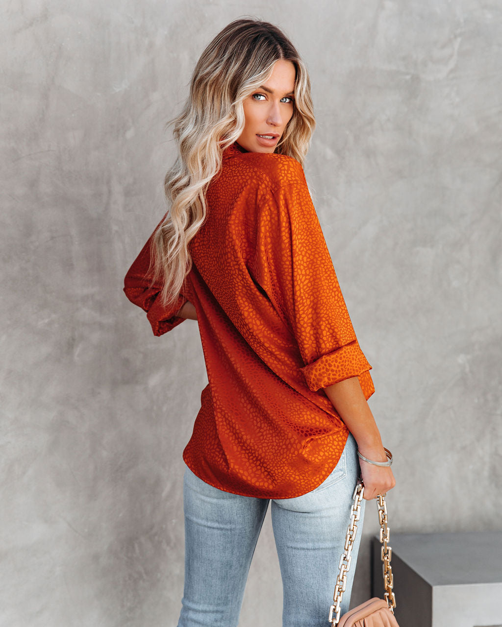 Layton Satin Embossed Button Down Blouse - Rust