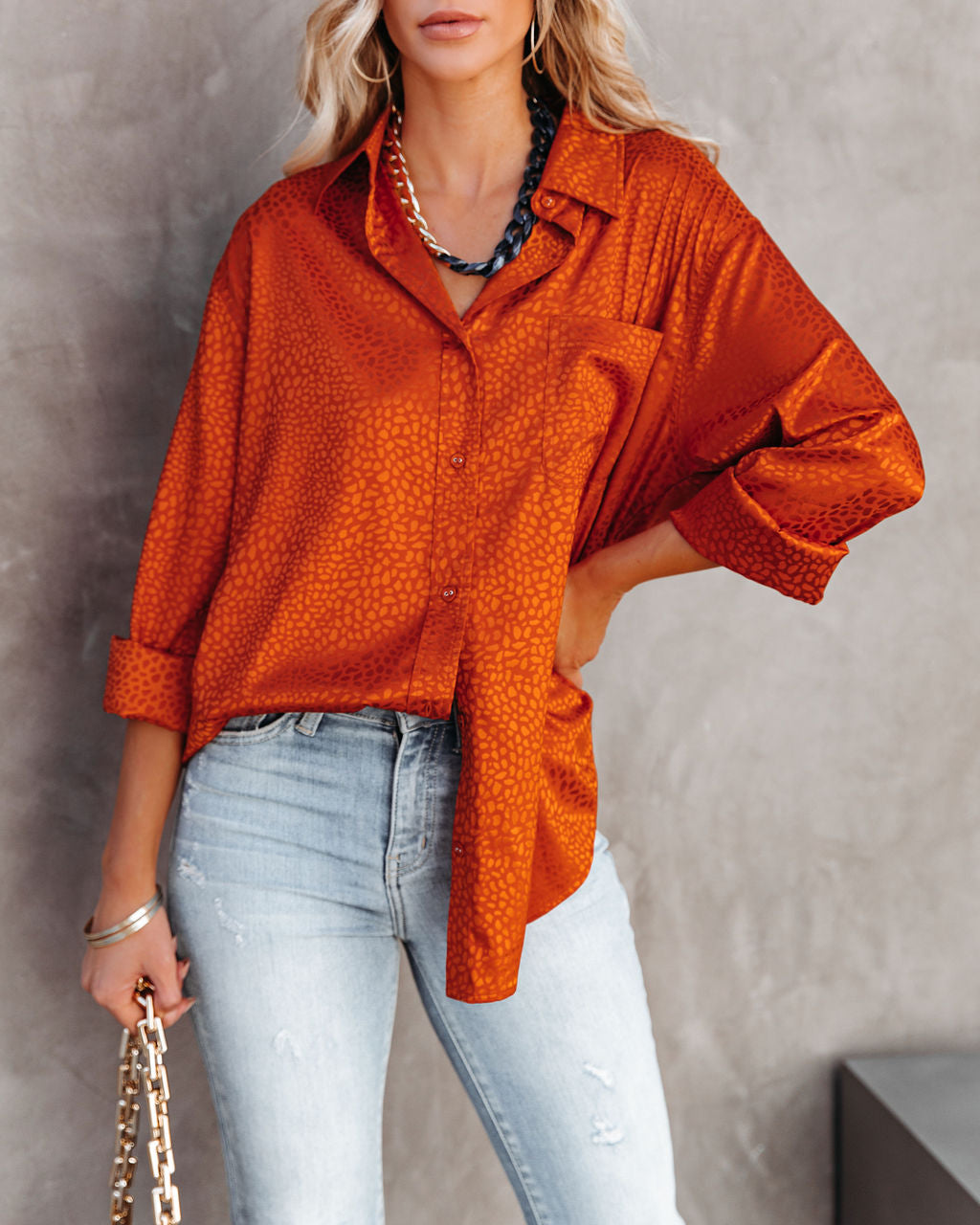 Layton Satin Embossed Button Down Blouse - Rust