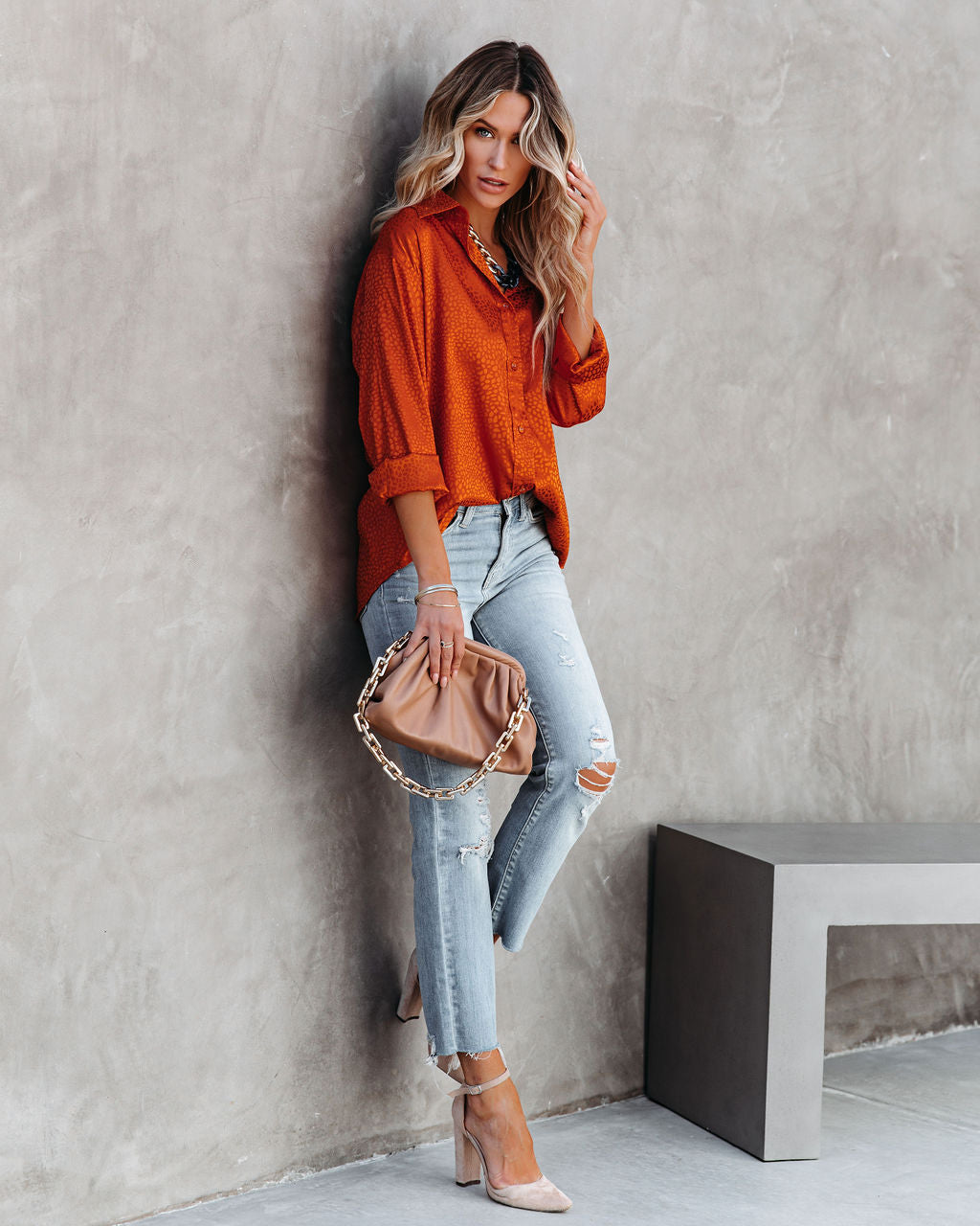 Layton Satin Embossed Button Down Blouse - Rust