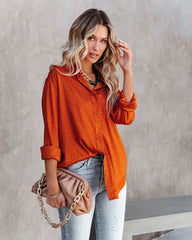 Layton Satin Embossed Button Down Blouse - Rust