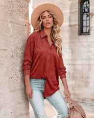 Leone Pocketed Faux Suede Button Down Top - Sienna