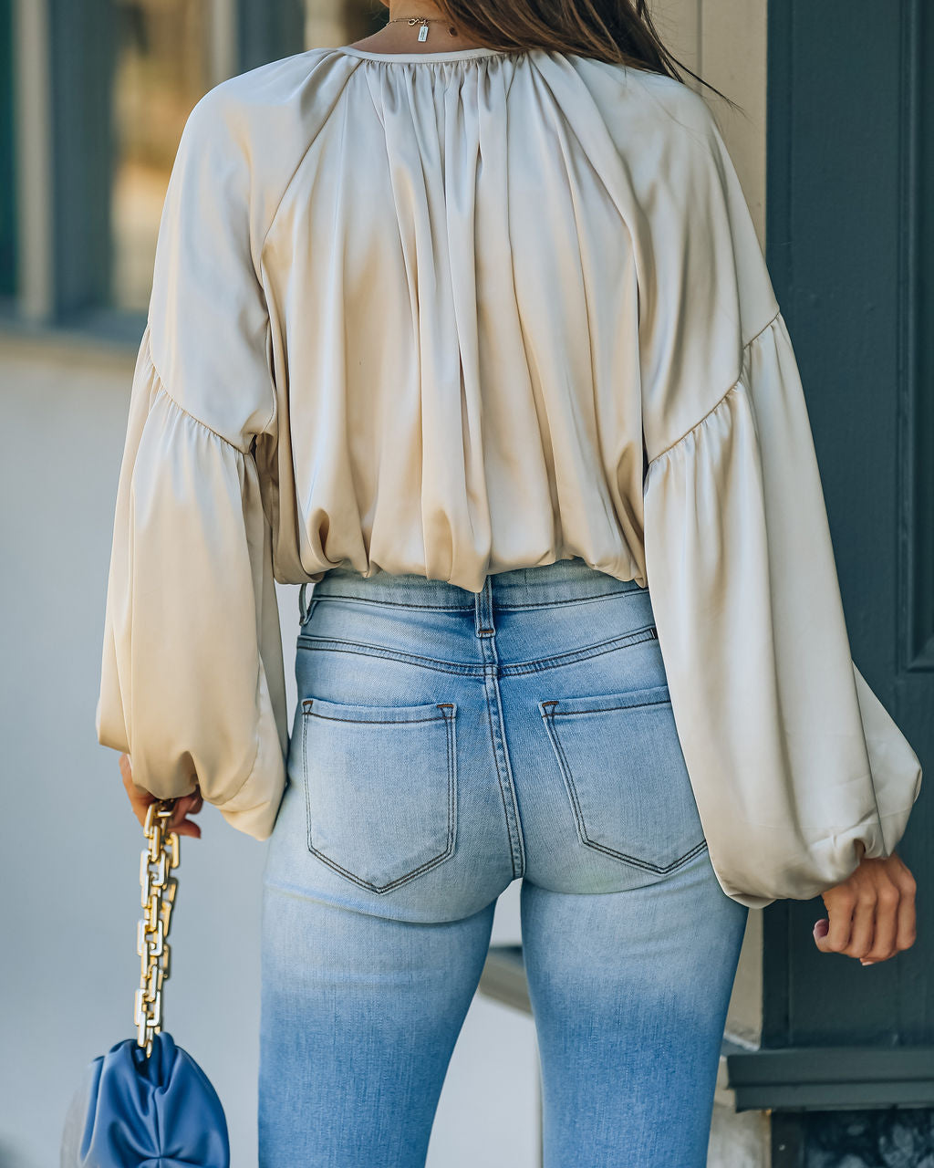 Libby Satin Billowed Crop Blouse - Champagne