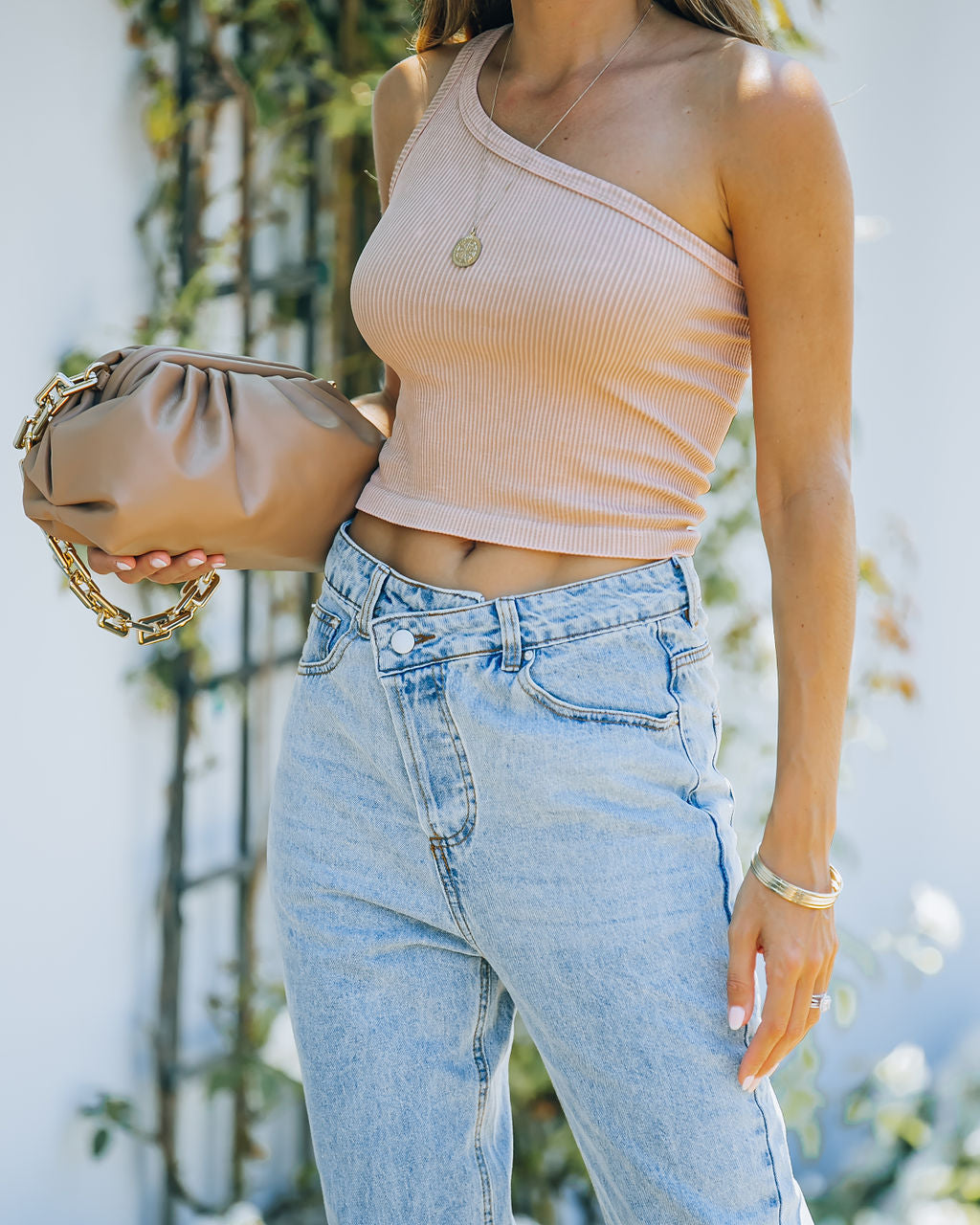 Lin Geripptes One-Shoulder Crop Tank - Vintage Beige 