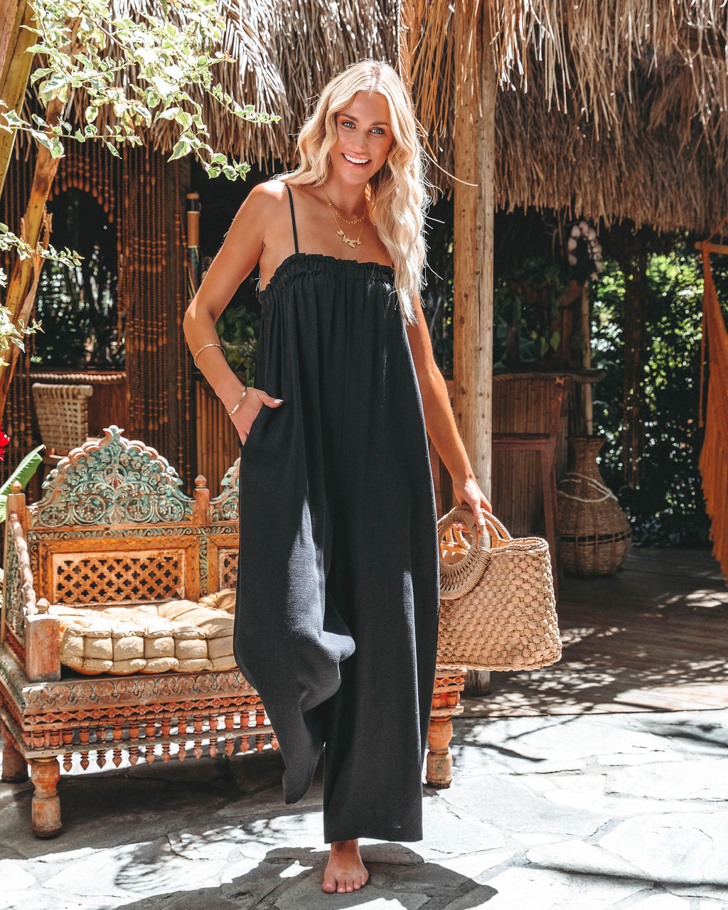 Live With Sunshine Linen Blend Pocketed Jumpsuit - Black