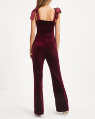 Logan Velvet Shoulder Tie Jumpsuit - Burgundy