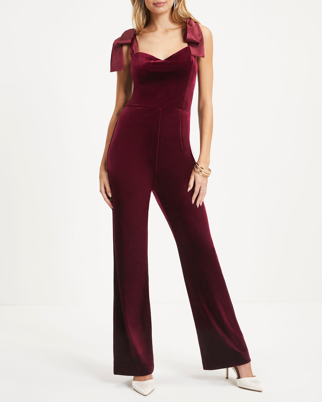 Logan Velvet Shoulder Tie Jumpsuit - Burgundy