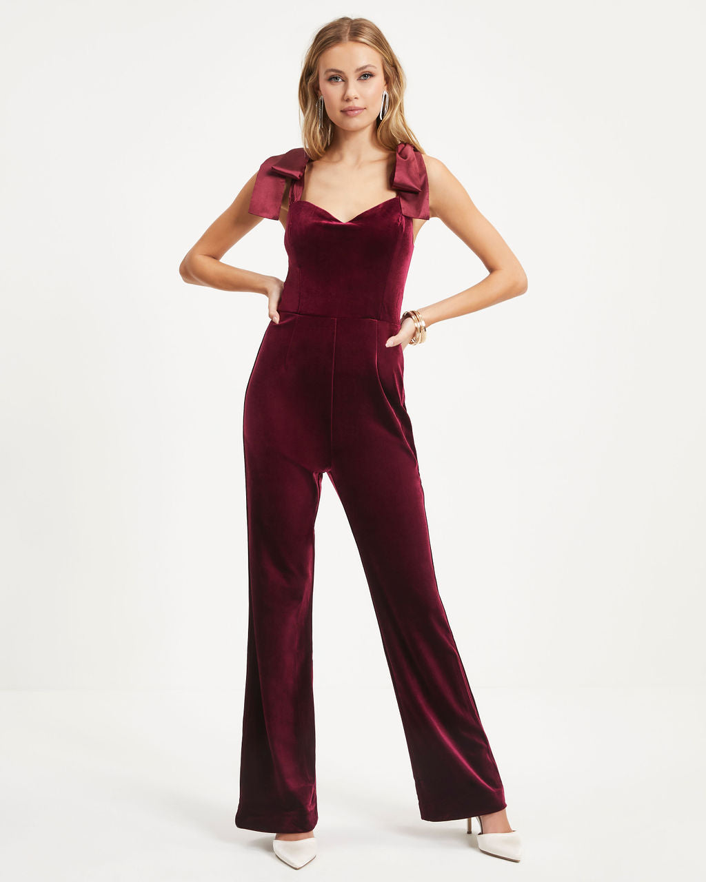 Logan Velvet Shoulder Tie Jumpsuit - Burgundy