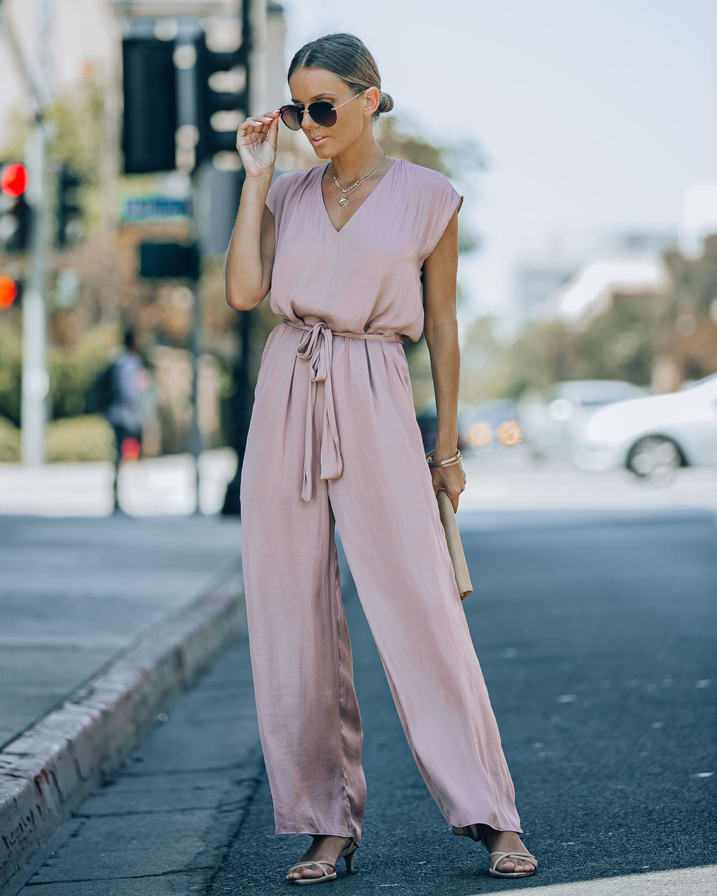 Look At Me Now Satin Pocketed Wide Leg Jumpsuit - Mocha