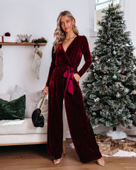 Love One Another Velvet Pocketed Cutout Back Jumpsuit - Wine