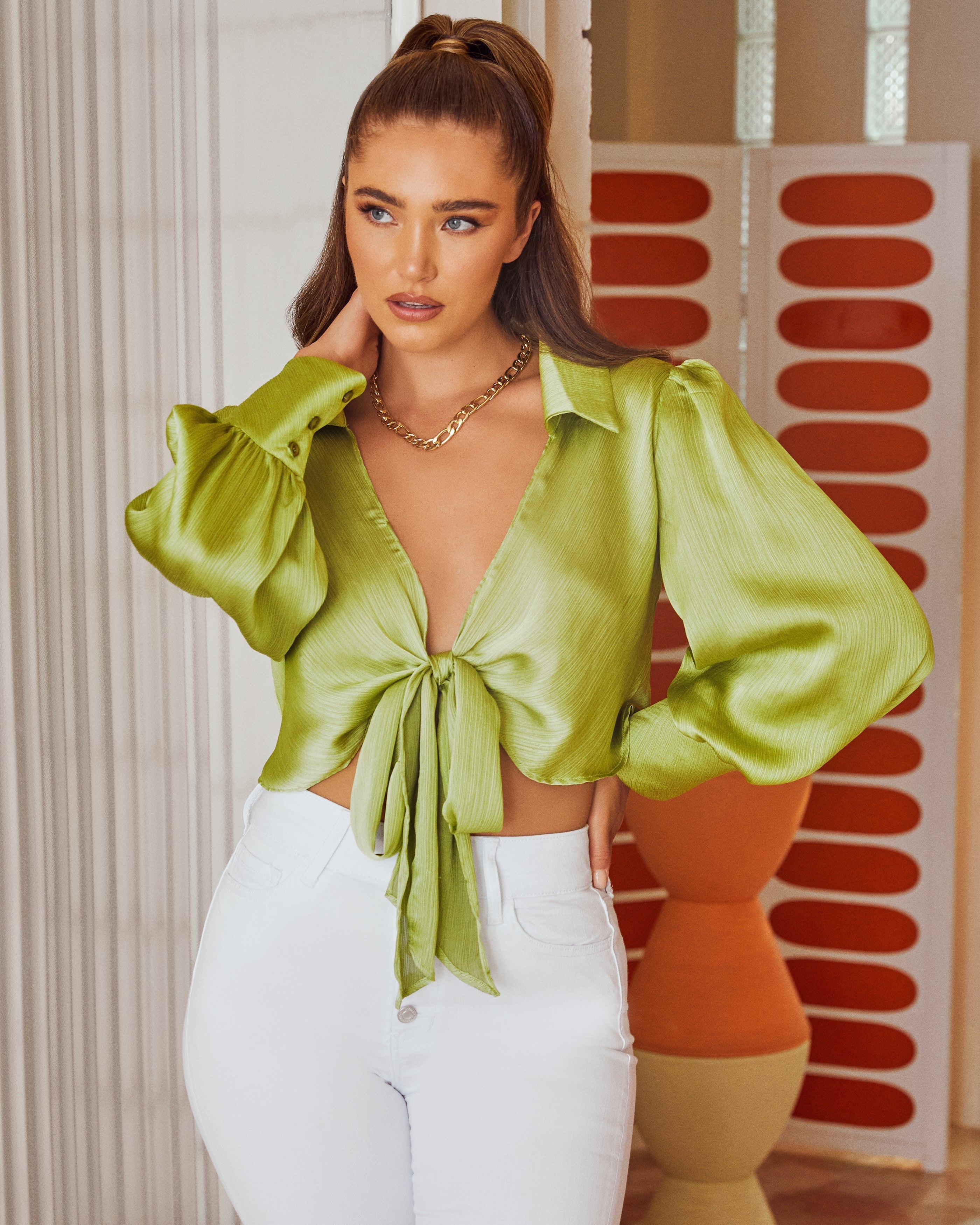 Lowdown Collared Tie Front Crop Blouse