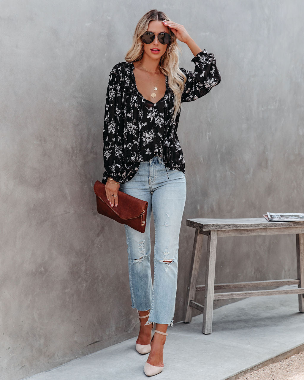 Lowena Floral Ruffle Tie Blouse