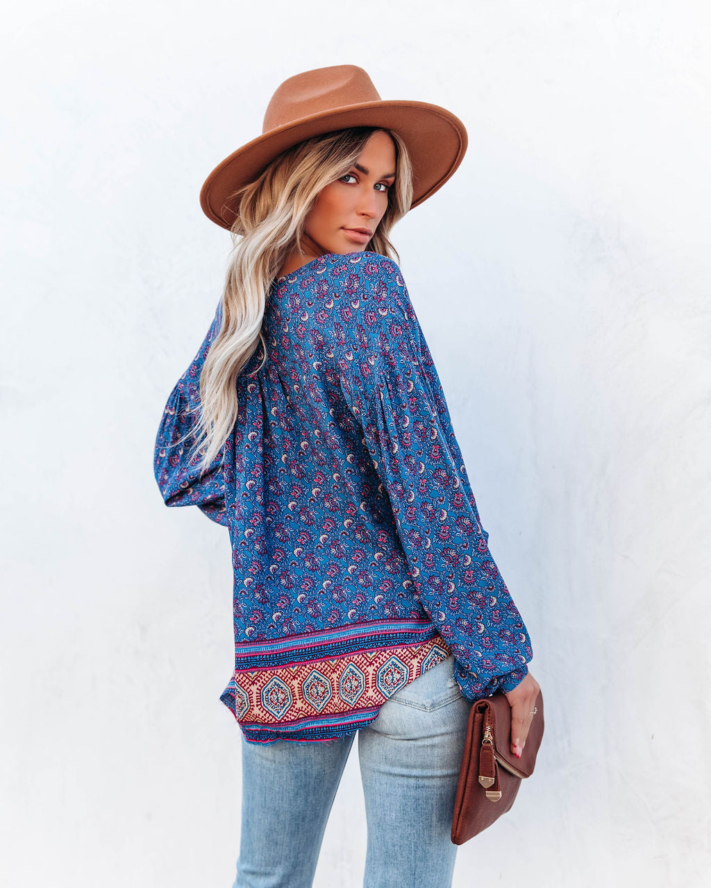 Luana Printed Peasant Top - Blue