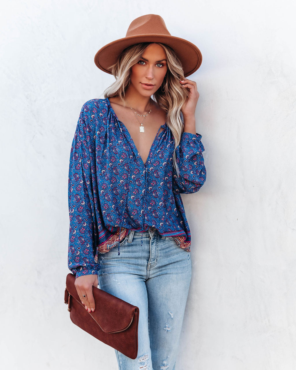 Luana Printed Peasant Top - Blue