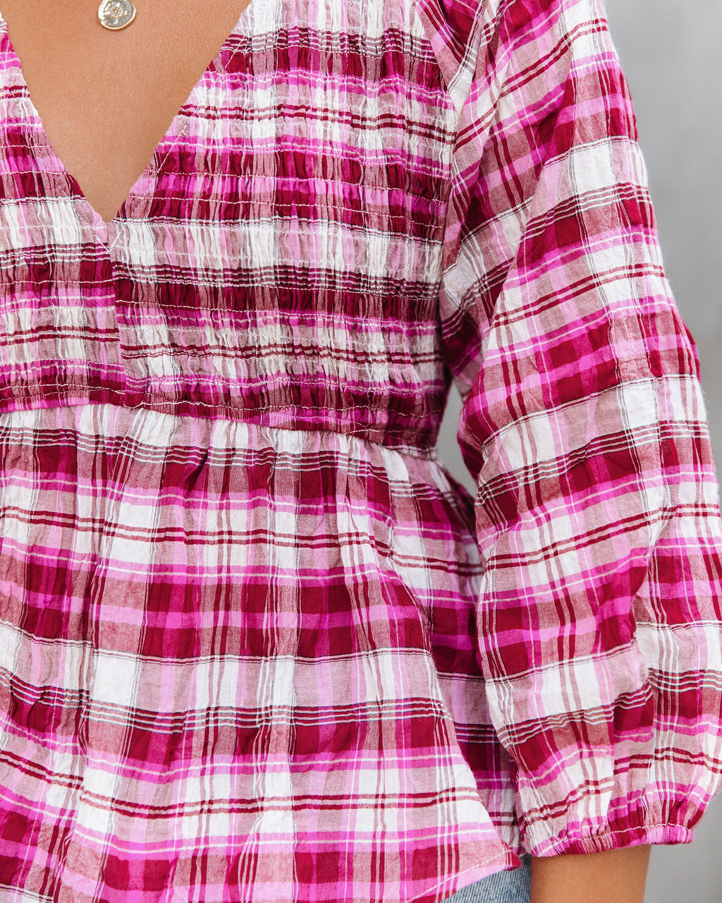 Lylah Cotton Crinkled Plaid Smocked Top