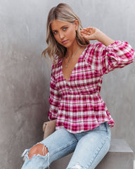 Lylah Cotton Crinkled Plaid Smocked Top