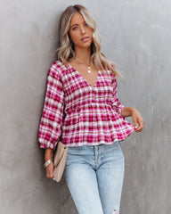 Lylah Cotton Crinkled Plaid Smocked Top