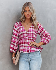 Lylah Cotton Crinkled Plaid Smocked Top