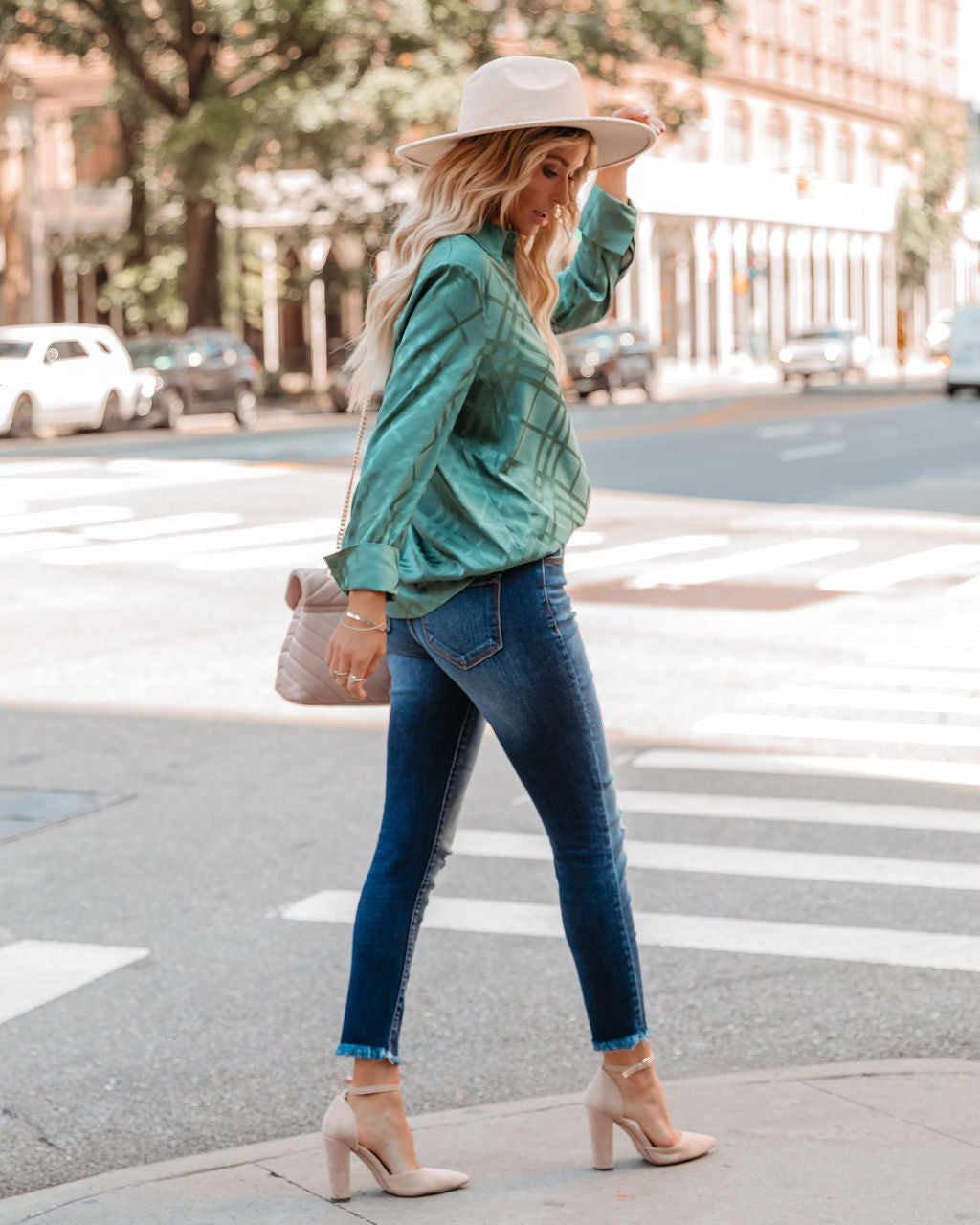 Lynn Satin Button Down Blouse - Jade