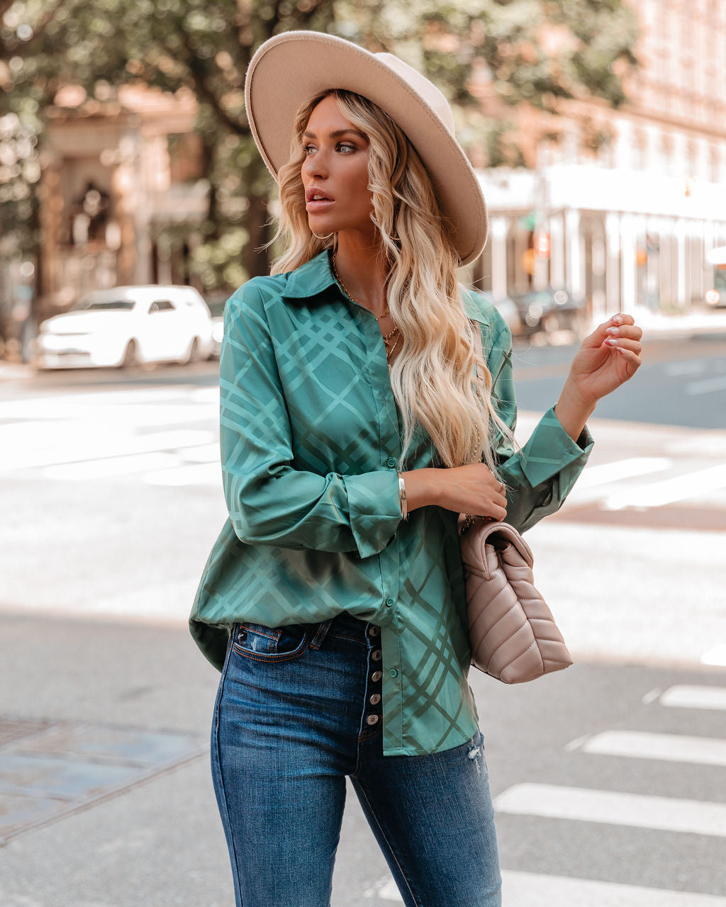 Lynn Satin Button Down Blouse - Jade