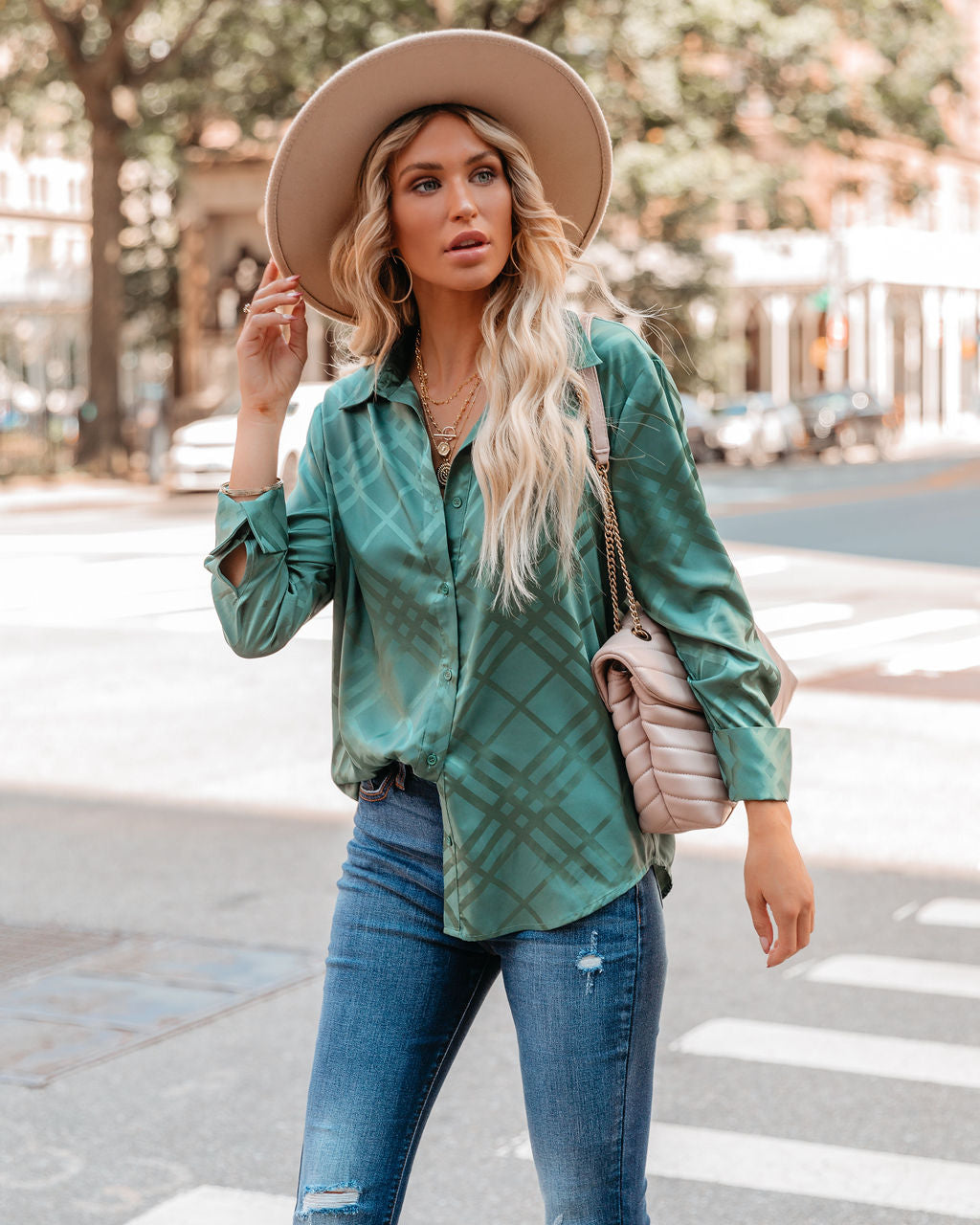 Lynn Satin Button Down Blouse - Jade