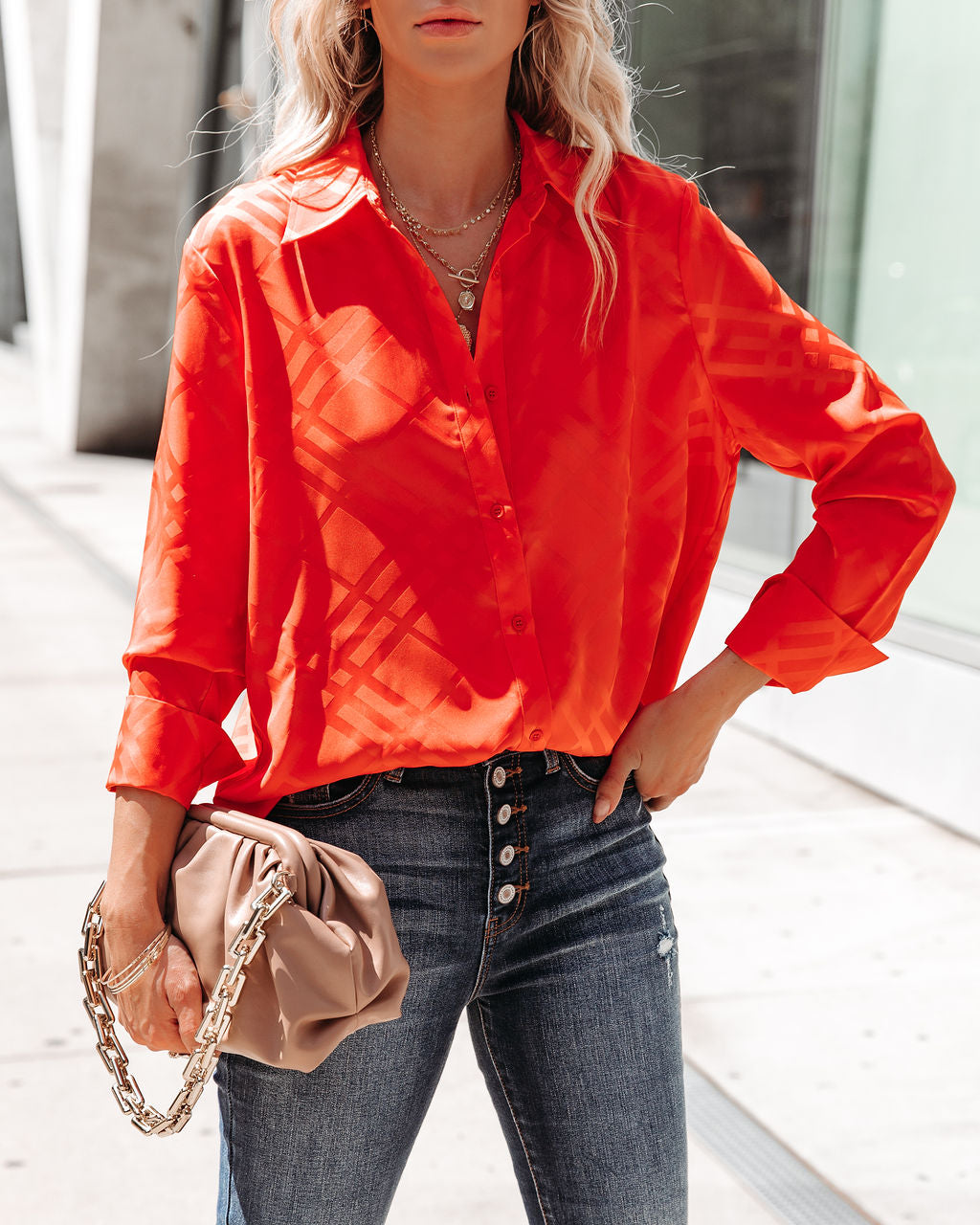 Lynn Satin Button Down Blouse - Red