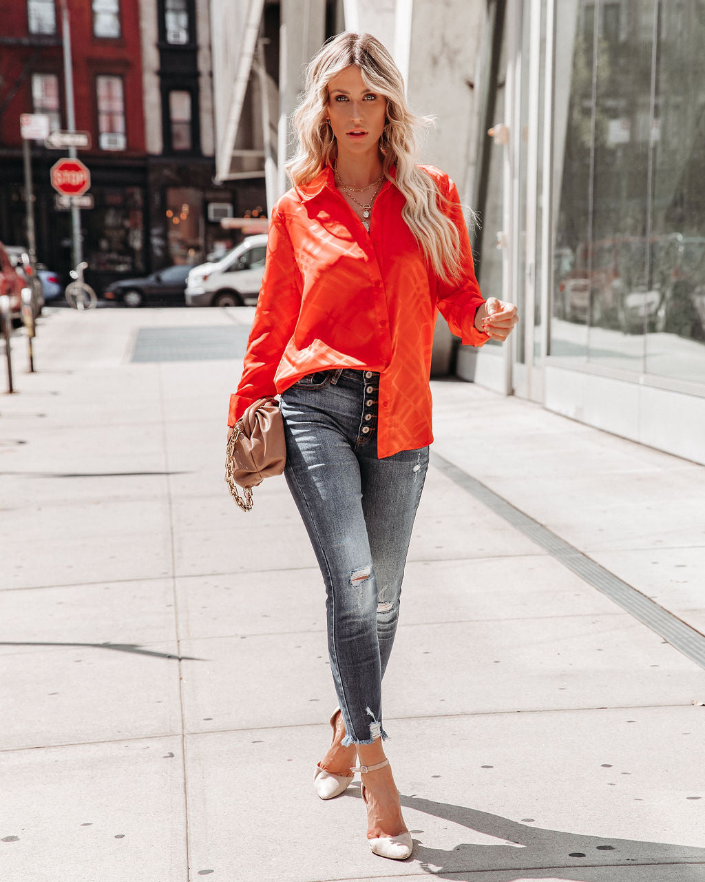 Lynn Satin Button Down Blouse - Red